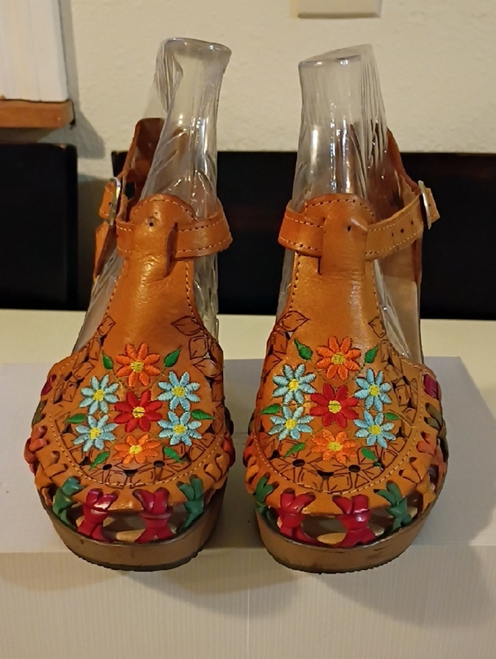 Embroidered Tan Leather Wedge Sandals with Floral Accents